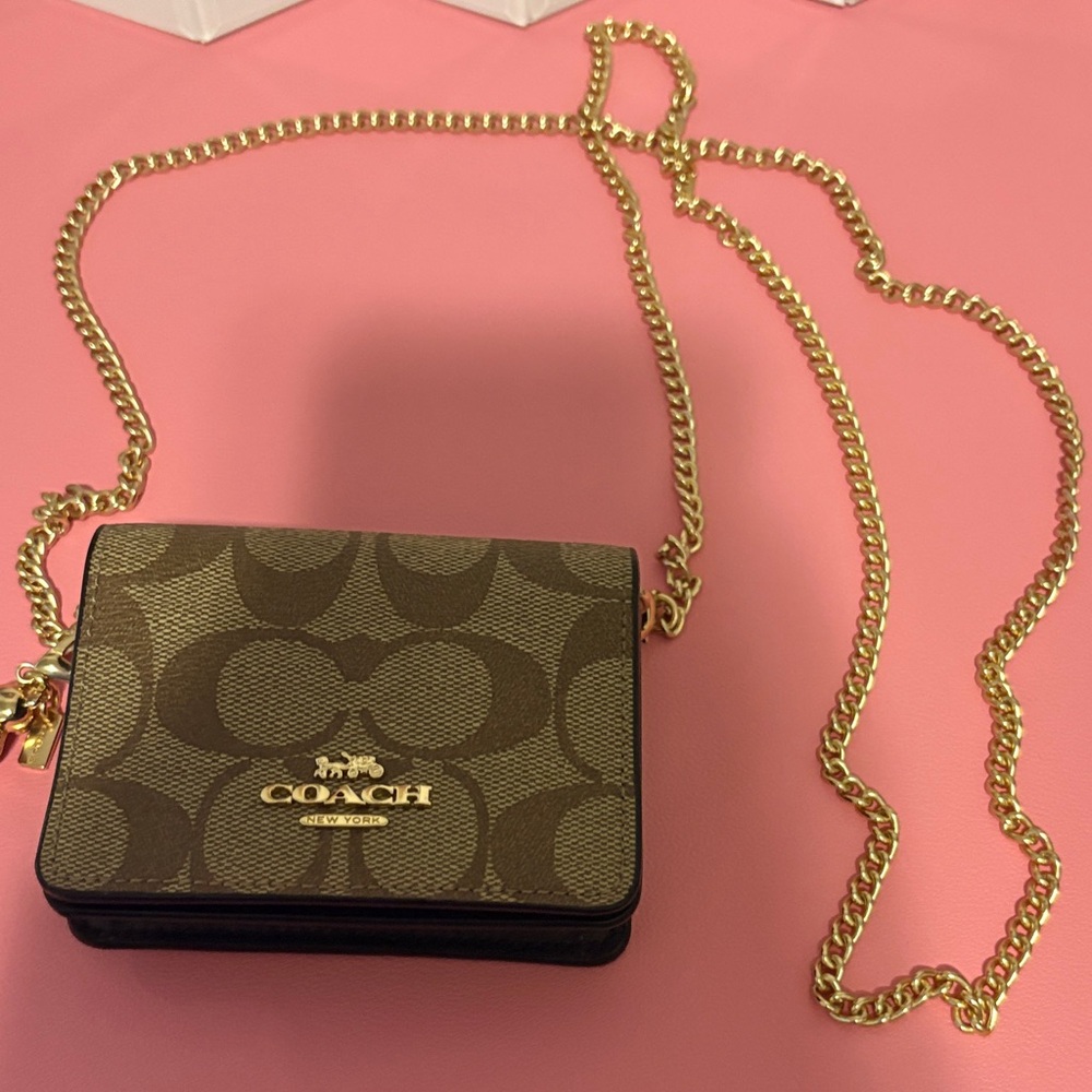 Coach Brown Signature Canvas Small Crossbody with Gold Chain
